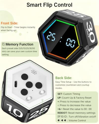 Rotating Pomodoro Timer Cube 3/5/10/25/30/50 min with Colorful Visual Bar - Image 7