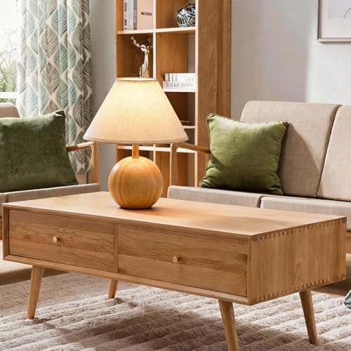 Wood Table Lamp for Bedroom, Flaxen Fabric Shade Small Desk Lamp for Living Room,Décor Ambient Bedside Lamps for Night Stands,LED Bulb (not Included) - Image 2
