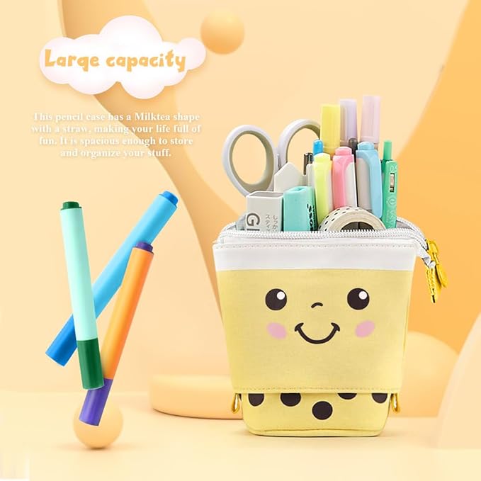 Cute Standing Pencil Case Pen Holder for Kids, Pop Up Stand UP Bubble Tea Pen Organizer Kawaii Stationary for Christmas Holiday New Year Office (Yellow)