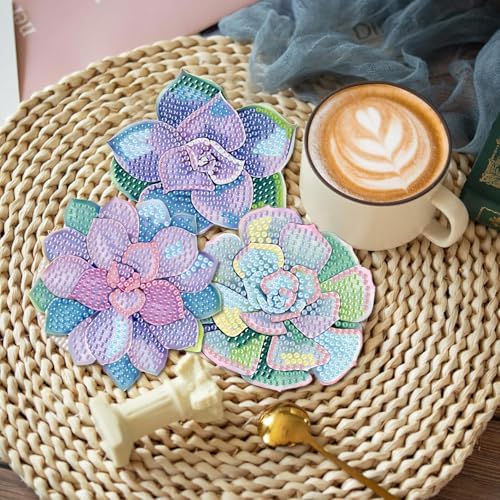 Clendo 8 Pcs Succulent Diamond Art Coasters Kit - DIY 5D Small Diamond Painting Coasters with Holder, Mini Diamonds Arts Kits for Adults Coaster, Gem Art Arts and Crafts for Adults - Image 5