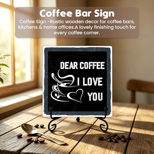 Coffee Bar Sign, Dear Coffee I Love You Quote Sign, 5x5 Wood Plaque with Iron Stand, Kitchen Cafe Tabletop Decor – A02 - Image 4
