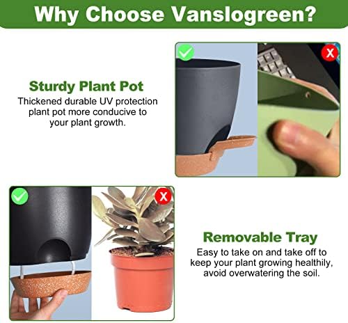 Vanslogreen Planters for Indoor Plants, 8/7/6.5/6/5.5/5 Inch Self Watering Plant Planters with Drainage Hole, Plastic Planters Flower Pots for Indoor Outdoor Plants (Black) - Image 3