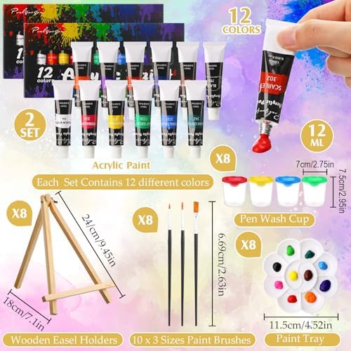 Cholemy 8 Set Paint and Sip Kit for Adults 8'' x 10'' Pre Drawn Canvas with Wooden Easels Acrylic Paint Brushes Wash Cup Palette Apron for Painting DIY Date Night Party Supplies(Flower Lady) - Image 3