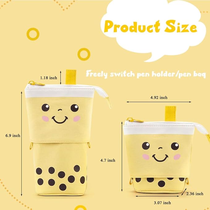 Cute Standing Pencil Case Pen Holder for Kids, Pop Up Stand UP Bubble Tea Pen Organizer Kawaii Stationary for Christmas Holiday New Year Office (Yellow)
