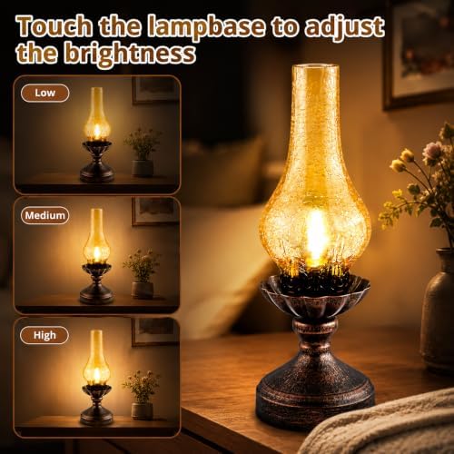 Vintage Table Lamp,Touch Control & 3-Way Dimmable Rustic Retro Farmhouse Bedside Lamp with Amber Glass Shade and LED Bulb for Bedroom, Living Room, Cabin, Office - Image 3