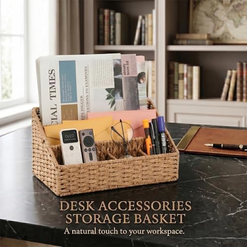 Mail Organizer for Desk - Countertop Mail Sorter & Magazine Holder, Brown Desk Organizer with 5 Compartments for Letters, Bills, Office Supplies, 12.7'' L x 6.3'' W x 7.1" H - Image 5