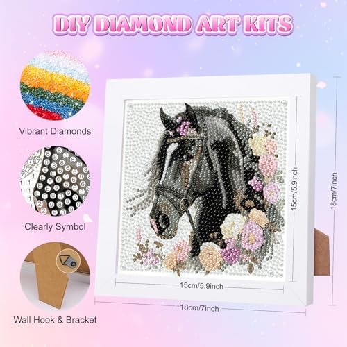 GHHKUD Black Horse Diamond Art Painting Kits for Adults with Frame, Diamond Art Animals Crafts for Ages 4-6-8-12, Easy to DIY Gem Painting Gifts Home Wall Deco 15x15cm (Beautiful Packages) - Image 2