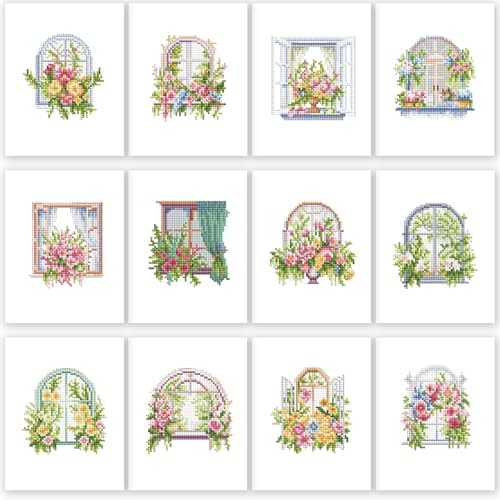 PeakLuv 12 Pcs Small Diamond Art Kits, Floral Window Mini Diamond Painting Kits for Adults, 5D DIY Square Drill Diamond Dots, Quickly Finishable Flowers Gem Art for Home Wall Desktop Decor, 6X7in by PeakLuv