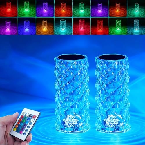 2Pack Crystal Table Lamp (Touch & Remote), 4 Modes 16 Color Changing Night Light, Rechargeable, Dimmable, RGB Rose Diamond Mood Lighting, Protable Cordless Desk Lamp for Bedroom Living Room Party by KidoYean