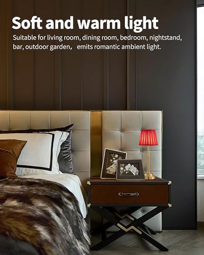 KDG Gold Cordless LED Table Lamps Set of 2, Red Fabric Shade Desk Lamps - Image 3