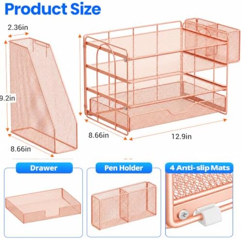 OPNICE Desk Organizers and Accessories, 4-Tier Desktop File Organizer with Drawer and Pen Holders, Office Desk Accessories Workspace Organizers for Office Supplies (Rose Gold) - Image 4