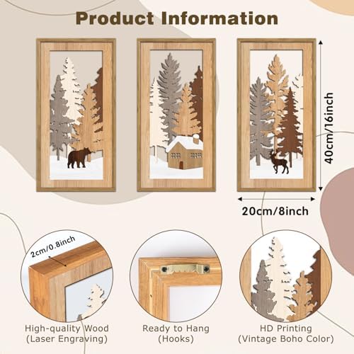 KAIRNE Winter Wooden Wall Art Set, 3pcs 8X16 Vintage Wood Wall Decor,Rustic Farmhouse Framed Wall Sculptures,Pine Deer Bear Wooden Hanging Decor for Living Room Bedroom Kitchen Office Decoration - Image 2
