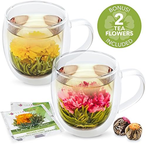 Teabloom Oversized Insulated Borosilicate Glass Mugs (17 oz / 500 ml) – Set Includes 2 Mugs + 2 Blooming Teas – Premium Quality Microwave Safe Glasses - Image 5