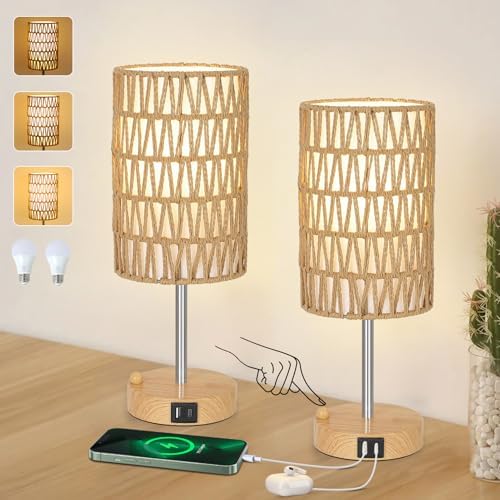 Bedside Lamps Set of 2 with Bulb, Touch Control Nightstand Lamp for Bedroom with Rattan & Linen Shade, 3 Way Dimmable Small Boho Table Lamps with USB Charging Port & Phone Stand by LightingFixtures