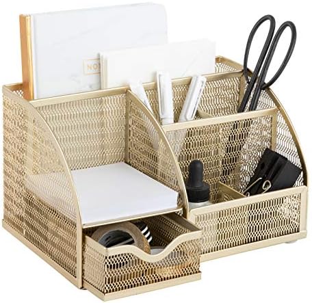 BLU MONACO | Gold Desk Organizer with Drawer | Metal Desktop Caddy with Six Compartments for Office Supplies | Stylish Desk Organizers and Accessories for Home or Office by Blu_Monaco