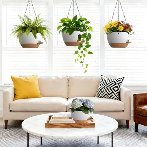 UOUZ Set of 3-10 Inch Self Watering Hanging Planters for Indoor Outdoor，Hanging Plant Pots with Drainage & Removable Tray, Hanging Pots Holder for Pothos Plant, Ferns, Balcony & Patio,White with Brown - Image 2