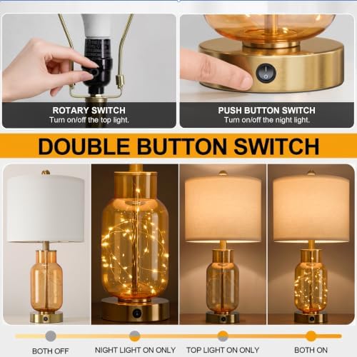 Oneach 22" Glass Table Lamps Set of 2 with Night Light for Bedroom, Amber - Image 5