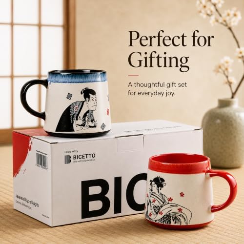 BICETTO Japanese Coffee Mug Set of 2, Ukiyo-e Samurai & Geisha Design, 15oz - Image 6