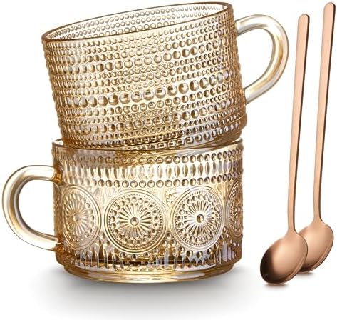 MFACOY Vintage Coffee Mugs Set of 2, 14 oz Glass Tea Cups with Handle, Amber Embossed Glass Cups for Cappuccino, Latte, Cereal, Milk, Hot or Cold Beverages by Mfacoyisalifestylebrand