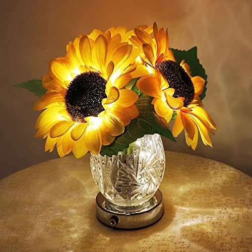 Flower Desk Lamp, Sunflower USB Rechargeable Touch Stepless Dimming Table Lamp, LED Artificial Plants Flower with Vase Night Light, Glass Vase Lamp for Room Home Festival Decor (Sunflower - 3 Head) by GOUTOOL