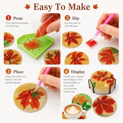 Demonwer 8 Pieces Vintage Fall Maple Leaves Diamond Art Coasters with Holder DIY Fall Maple Leaves Diamond Art Coasters Acrylic Round Cup Coaster for Adults - Image 3