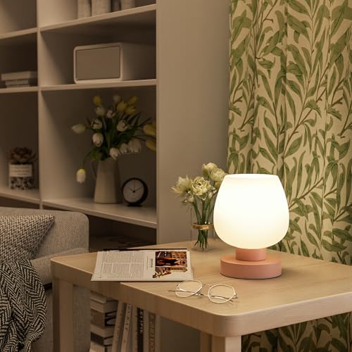 Seealle Pink Touch Table Lamp for Nightstand - Small Bedside Lamp for Bedroom Living Room Night Stands, Desk Lamp with White Glass Shade for Small Spaces, 3 Way Dimmable, LED Bulbs - Image 6