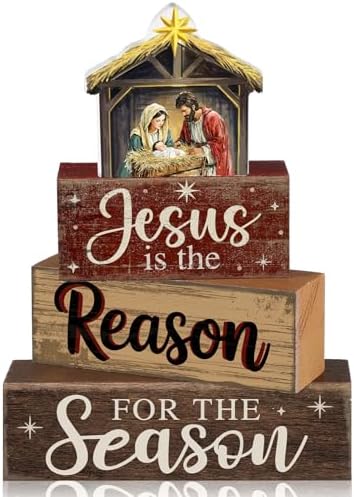 Moucuny 4 Pcs Christmas Table Decor Christian Nativity Scene Wooden Blocks by Moucuny