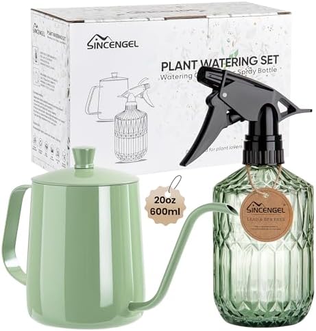 Watering Can for Indoor Plants, 20 oz Metal Small Plant Watering Can with Long Spout for House Plants, 13.5 oz Glass Plant Mister Spray Bottle for Bonsai Garden Flowers Decorative (Green) by Sincengel