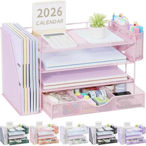 gianotter Desk Organizers and Accessories with File Holder, 4-Tier Desk Accessories & Workspace Organizers with Drawer and 2 Pen Holder, Paper Organizer for Office Supplies (Pink) by gianotter