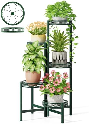 5-Tier Metal Plant Stand Indoor Outdoor, Corner Tall Plant Shelf for Multiple Plants, Foldable Plant Stand, Heavy Duty Flower Stand Holder for House Living Room Balcony Garden Patio -GreenFlower by Unknown