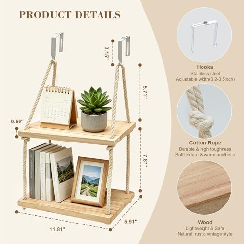 2 Tier Cubicle Shelf with Hooks, Wooden Hanging Organizer for Office - Image 3