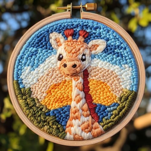 DIY Punch Needle Kits Cartoon Giraffe Sunset with Hoop 20x20cm-1 by Unknown