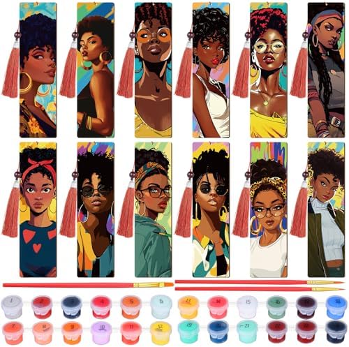 Kosiz 12 Pcs Black Women Paint by Number Kit for Adult Wood Bookmark by Kosiz