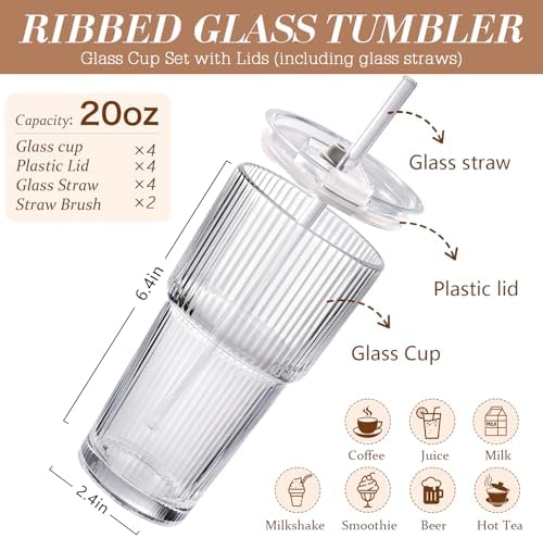 Iced Coffee Cups with Lids: Coffee Bar Accessories - Ribbed Glass Tumbler with Straw and Lid 4Pcs - 20oz Leak Proof Tumbler - Reusable Glass Cups and Tumblers with Lid and Straws for To Go Iced Coffee - Image 2