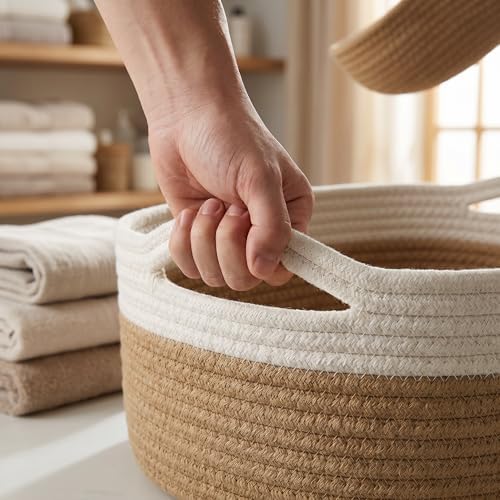 Small Cotton Rope Basket - White Woven Storage Basket with Handles, Desktop Organizer for Keys, Remotes, Makeup, Soft Decorative Bin for Bathroom, Office Shelf (White/Khaki) - Image 2