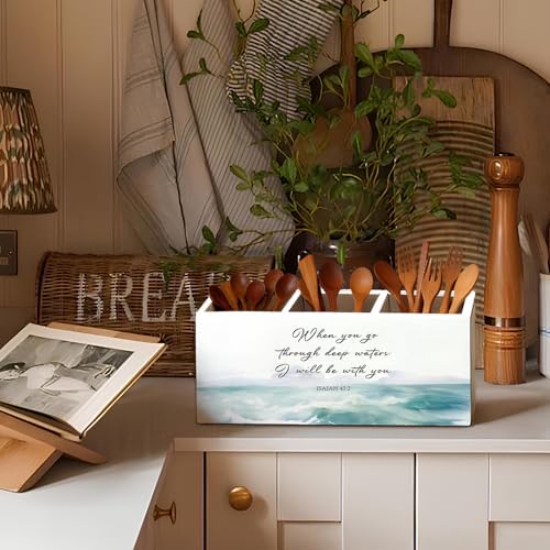 Christian Pen Holder, Christian Gifts for Women Pencil Holder for Desk, Beach Office Decor, Religious Bible Verse Coastal Ocean Wooden Box Sign Decorations for Home Office Desk Tabletop - Image 6