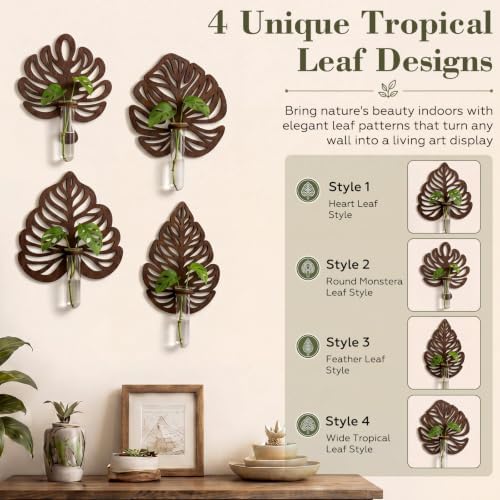 Junkin 4 Sets Wooden Monstera Leaf Wall Mount, Leaf Shaped Hanging Wall Planter Terrarium Propagation Stations for Plants with 4 Glass Tubes for Indoor Cuttings, Vines Houseplant Home Office Decor - Image 5