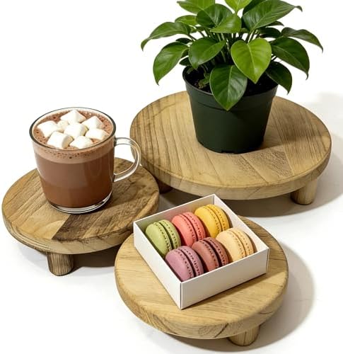 6/8/10 Inch Set of 3 Round Wood Risers, Farmhouse Wooden Pedestal Display Stands, Natural Solid Wood Plant Riser for Kitchen Counter, Bathroom, Desktop Decor, Cake Cupcake Candle Display, by ORBEIN