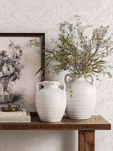 White Ceramic Vase with Handles, 9.5Inch, Farmhouse Rustic, Sandstone White - Image 5