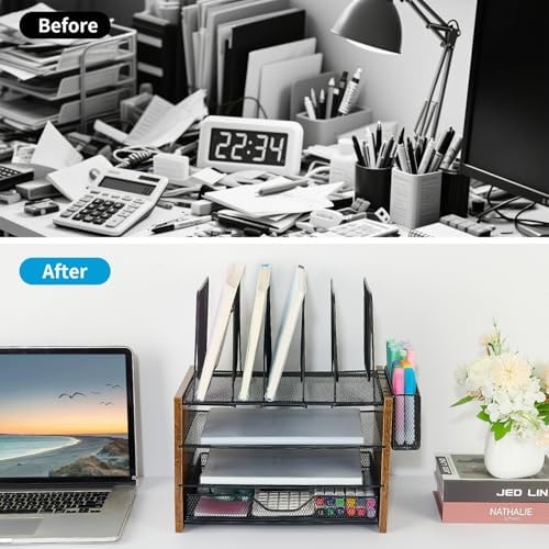 OPNICE Desk Organizer, 4-Tier Desktop File Organizer with Drawer and Pen Holders, Office Desk Accessories, File Sorters, Workspace Organizers for Office Supplies(Brown) - Image 5