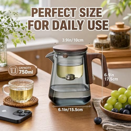 Magnetic Glass Teapot with Infuser, 25oz Borosilicate Tea Pot with Walnut Handle for Loose Leaf Tea, Office Home, Tea Lovers Gift - Image 3