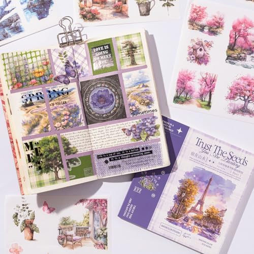 YagCu Journaling Sticker Book, 50 Sheets Scrapbook Stickers, Junk Journal Supplies, Pre-Cut Aesthetic Washi Materials, Watercolor Scrapbooking for Adults, Decorative Ephemera Bullet Planner Arts Craft - Image 2