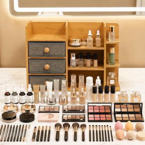 Large Makeup Organizer For Vanity, Large Capacity 3 Tiers Bamboo Bathroom Counter Organizers and Storage, Countertop Makeup Brush Holder, Nail Polish Perfume Stand with 3 Drawers and 10 Compartments - Image 2