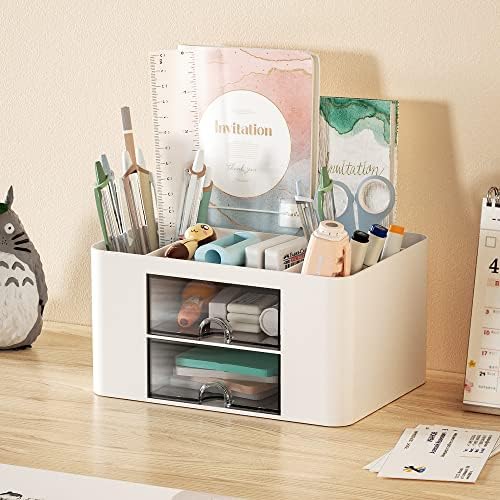 Marbrasse Pen Organizer with 2 Drawer, Multi-Functional Pencil Holder for Desk, Desk Organizers and Accessories with 5 Compartments + Drawer for Office Art Supplies (White) - Image 3