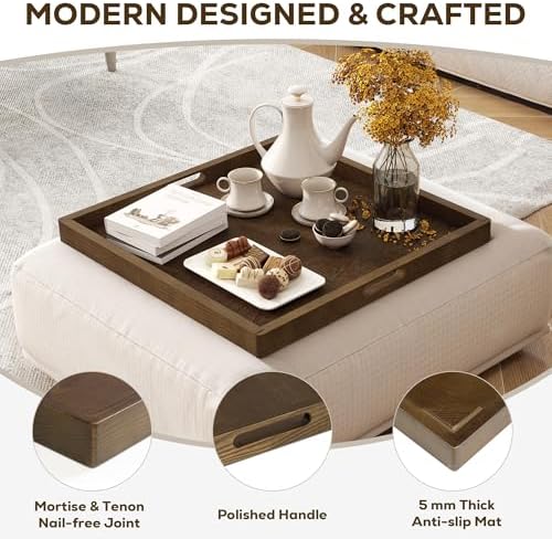 Axeman 20 Inch Large Square Wooden Ottoman Tray for Living Room|Extra Large Serving Tray with Handles for Coffee Table, Breakfast|Decorative Wood Tray for Ottoman Couch Sofa Kitchen|Walnut - Image 3