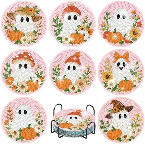 8 Pcs Halloween Diamond Art Coasters Kits with Holder 4X4 Inch by askkqtx