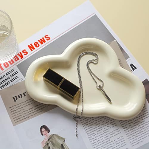 Jewelry Dish Trinket Tray for Women, Ring Holder, Unique Cloud Shape Ceramic Plate Cute Things Vanity Aesthetic Room Decor Mother's Day Birthday Christmas Warm House Gifts (Crème) (JT001) by MDFayeHome
