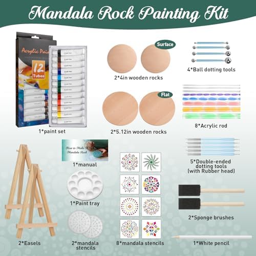 Mandala Rock Painting Kit - Mandala Dotting Tools for Painting - Including Large Wooden Rocks, Acrylic Paints, Stencils, Painting Tools, Manual, Arts Crafts Kit for Adults, Gifts for Women/Mom - Image 2