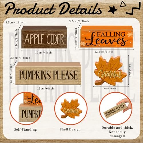 Moucuny 4 Pcs Fall Table Decor for Home, Wooden Grateful Maple Leaf Signs - Image 3