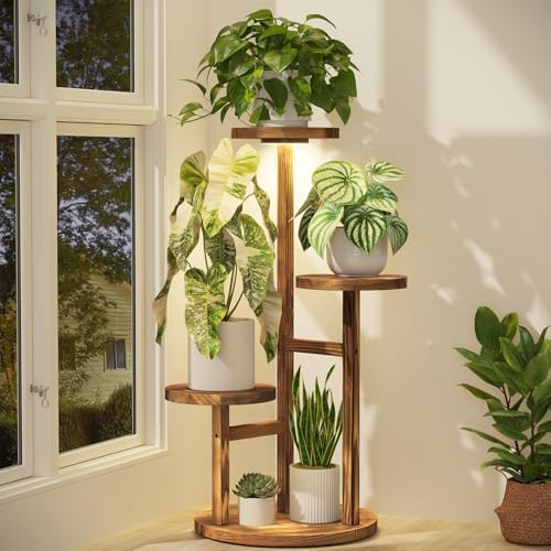 iDavosic.ly 3 Tier Wood Plant Stand Indoor Corner with Grow Light, Brown by iDavosicly